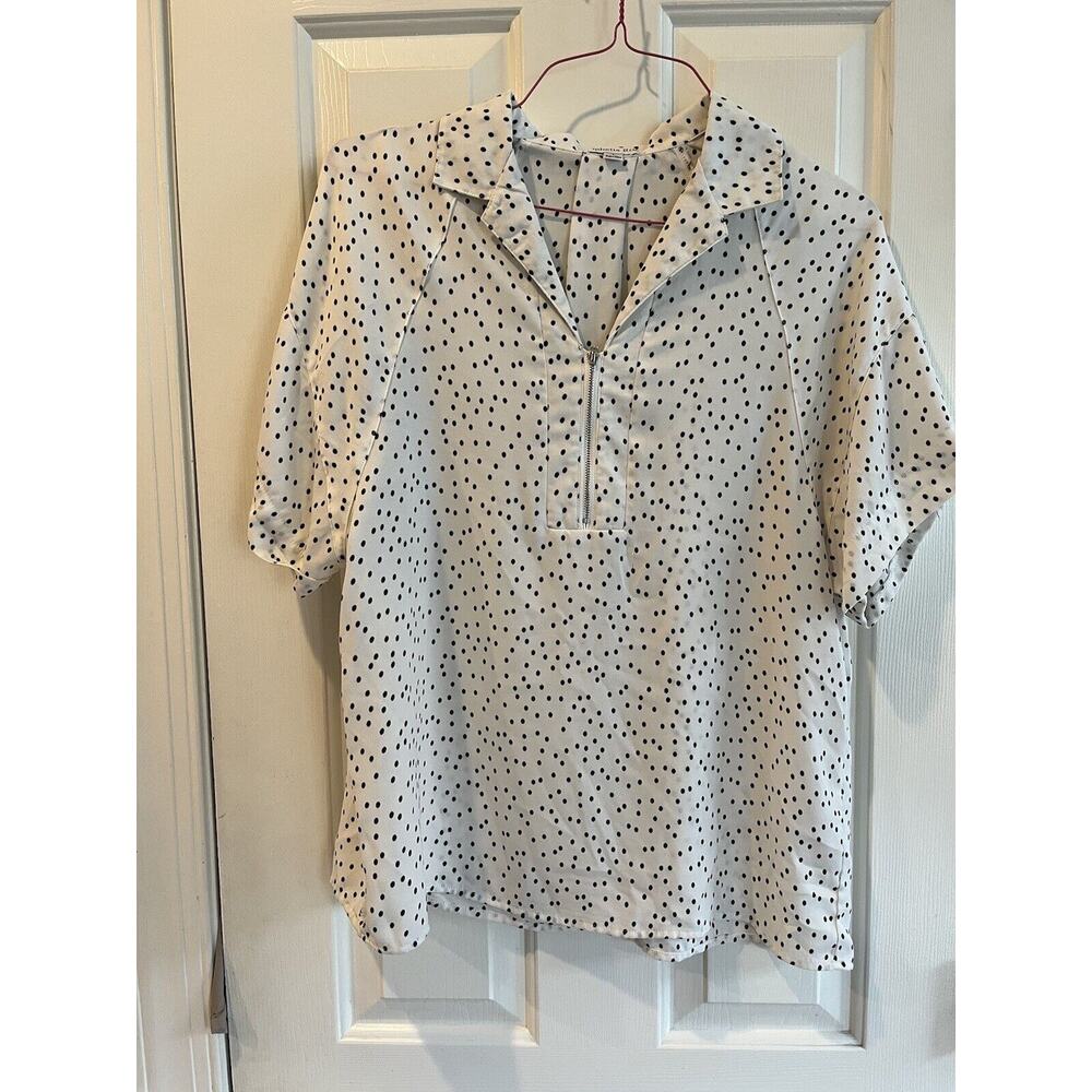Ophelia Roe sz L Ladies dressy top polyester white black polka dot zipper SS